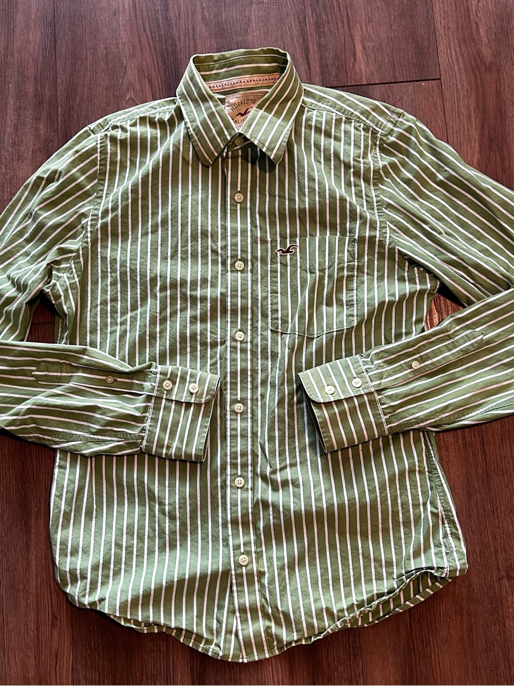 Vintage Hollister Mens L Long Sleeve Button Down Green Stripe Shirt Cotton